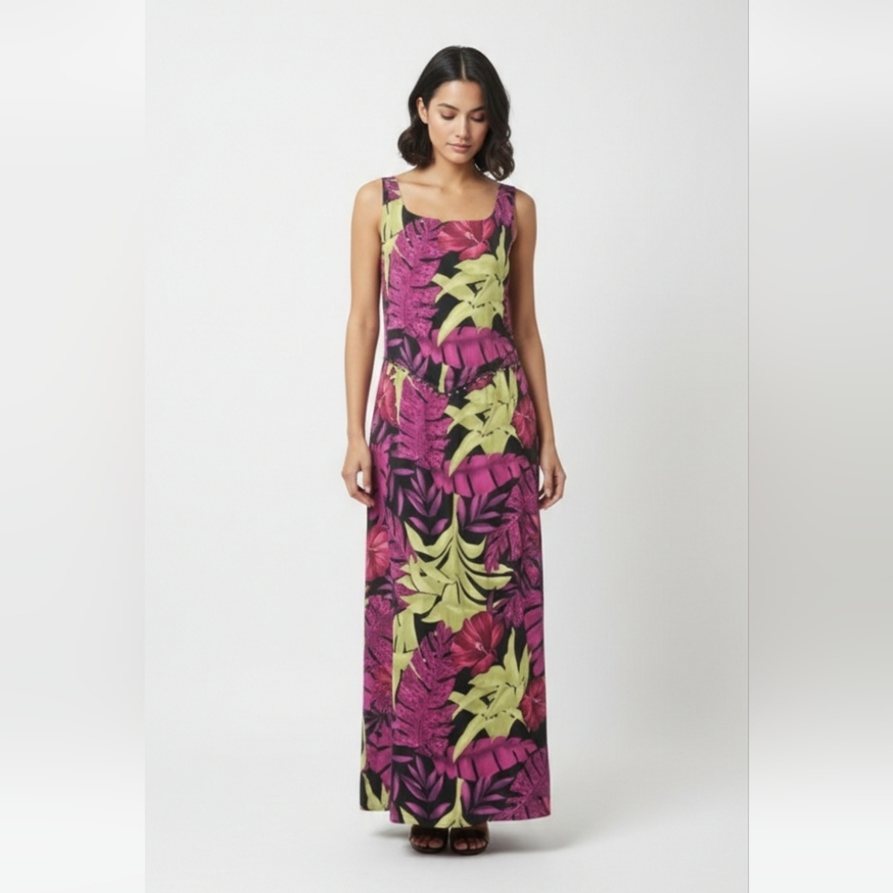 CDC Dress Maxi Purple Green Floral Boho Beaded Sleeveless 12